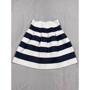 Neslay Designer Navy White Striped Textured Skater Skirt Size M Coastal Preppy